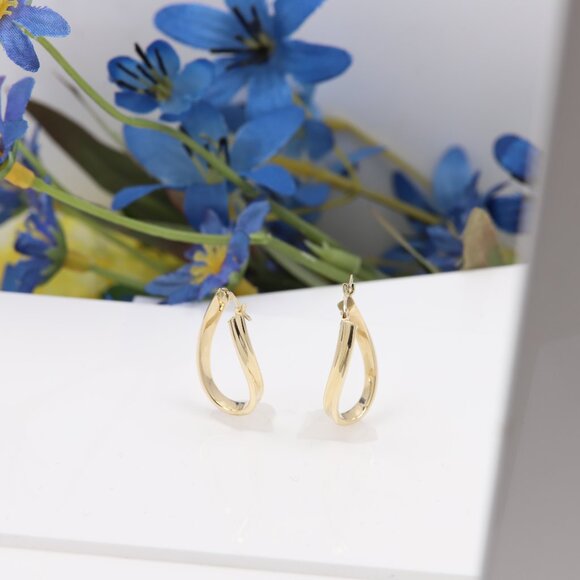 Twisted Italian Gold Hoops real 14k Earrings #36 - Picture 3 of 12